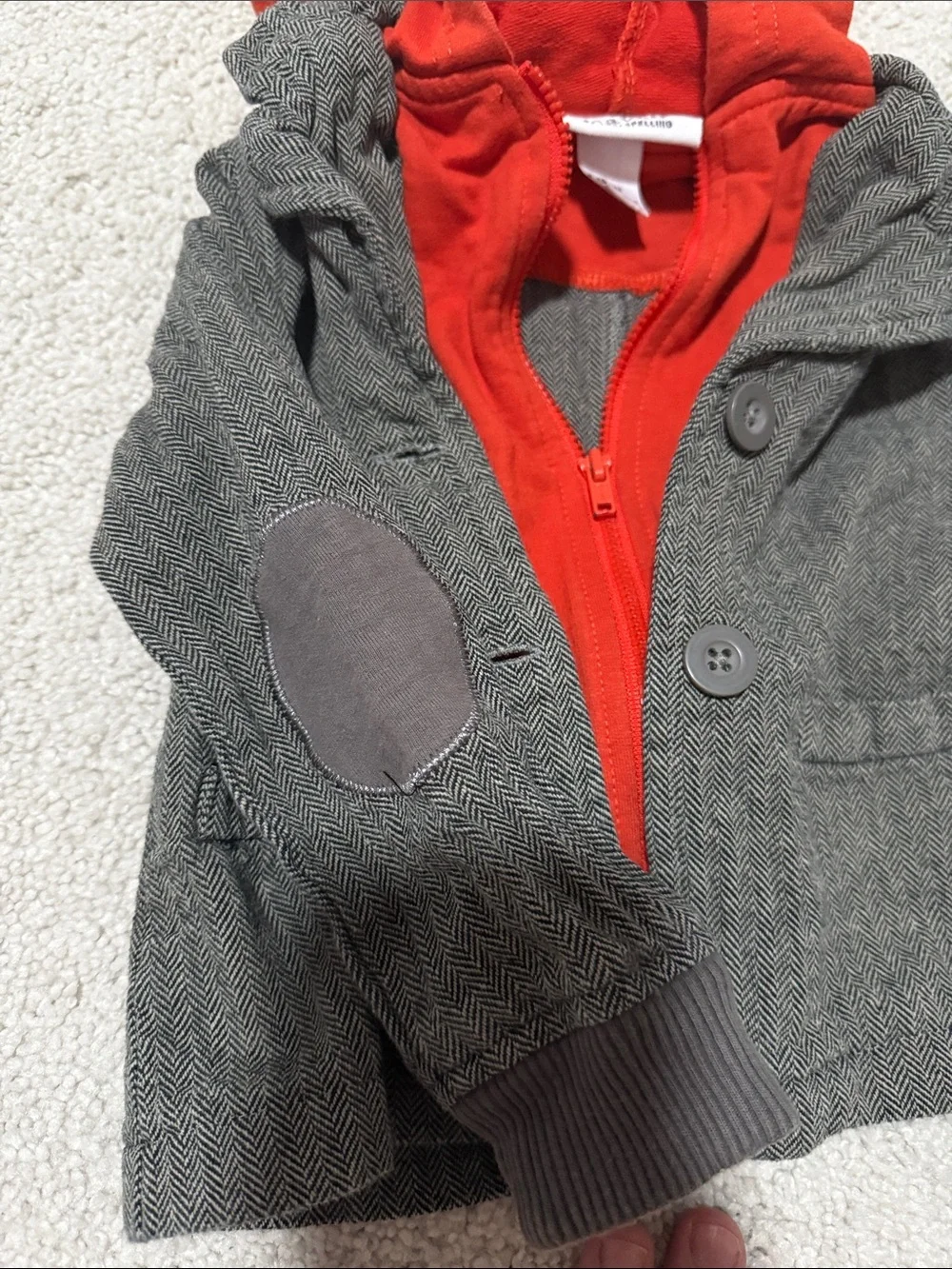 Kids Gray Herringbone Jacket with Red Hooded Liner